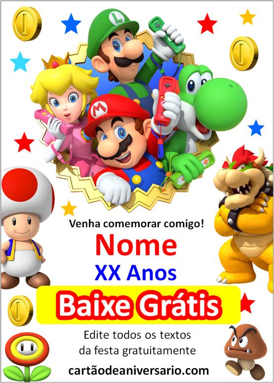 convite de aniversário mario bros para editar grátis