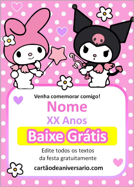 convite My Melody e kuromi em branco